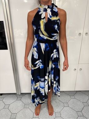 Floral Halter Maxi Dress in Black and Blue, high low hem. Worn once!